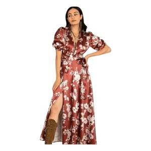 Joyfolie Lucerine Floral Wrap Dress Rust White Maxi Dress 3/4 Sleeve V-Neck XS